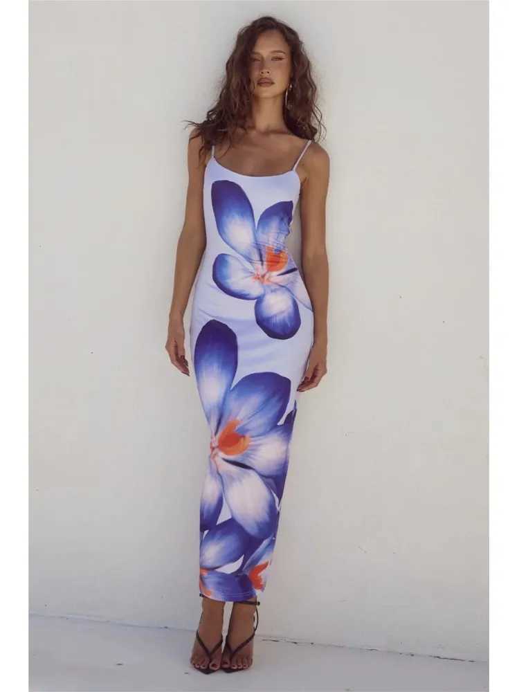 Flower Print Slim Spaghetti Strap Dresses Women Sexy Package Hip Bodycon Trendy Ladies Party Club Long Dress Fashion StreetwearXJ250514