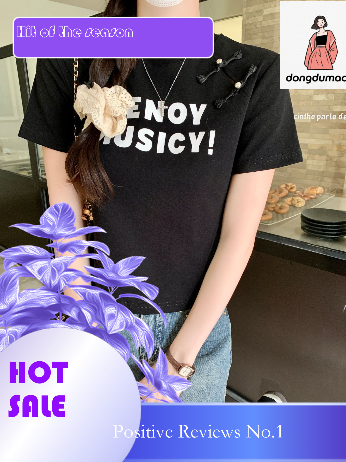 dongdumaoyi Chinese diagonal buckle shoulder sleeved T-shirt for women's summer 2025 new style letter niche print versatile short top