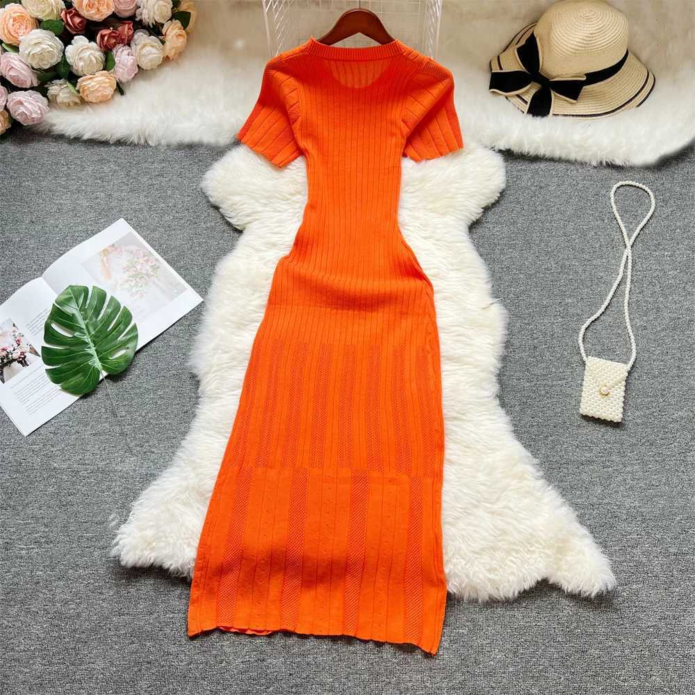 YuooMuoo 2025 Summer Women Knitted Long Dress Brand Fashion O-neck Buttons Bodycon Sweater Dress Elegant Lady Office VestidosXJ250514