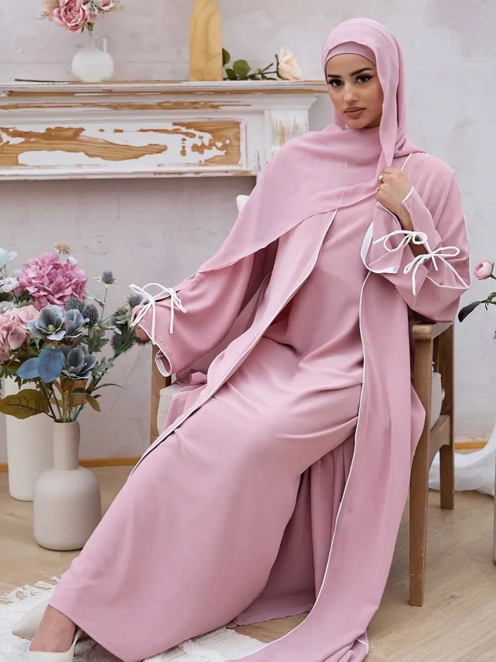 Eid Muslim Sets Open Abayas for Women Modest Dress 2 Piece Suit Jalabiya Lace Up Ramadan Cardigan Robe Kaftan Vestidos Ensemble X250514