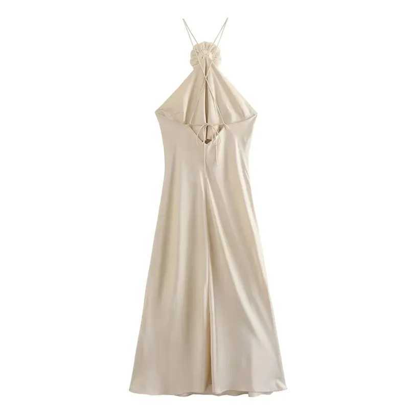 TRAF Flower Halter Dress Woman Off Shoulder Satin Long Dress Women Backless Sexy Evening Dresses Summer Party Dresses For WomenXJ250514