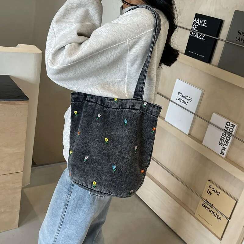Bucket Embroidered Denim Summer Large Capacity Tote In All-Match Shoulder Ladies Carrng Portable Shopping Bag New