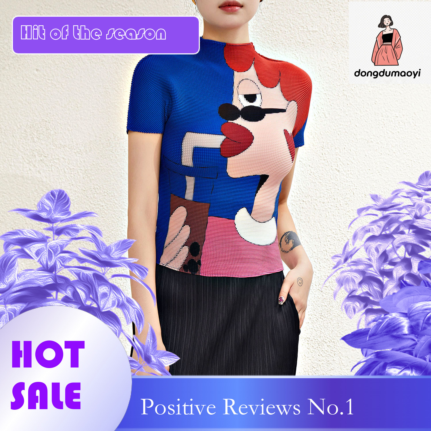 dongdumaoyi Miyake printed short sleeved T-shirt for women's summer 2024, new pleated design, slim fit bottom shirt, top