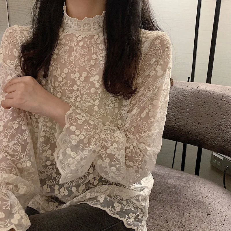 Long Sleeve See Through Stand Collar Hollow Out Lace Women Blouse Fashion Summer Elegant Shirt Spring Flare Tops 250514