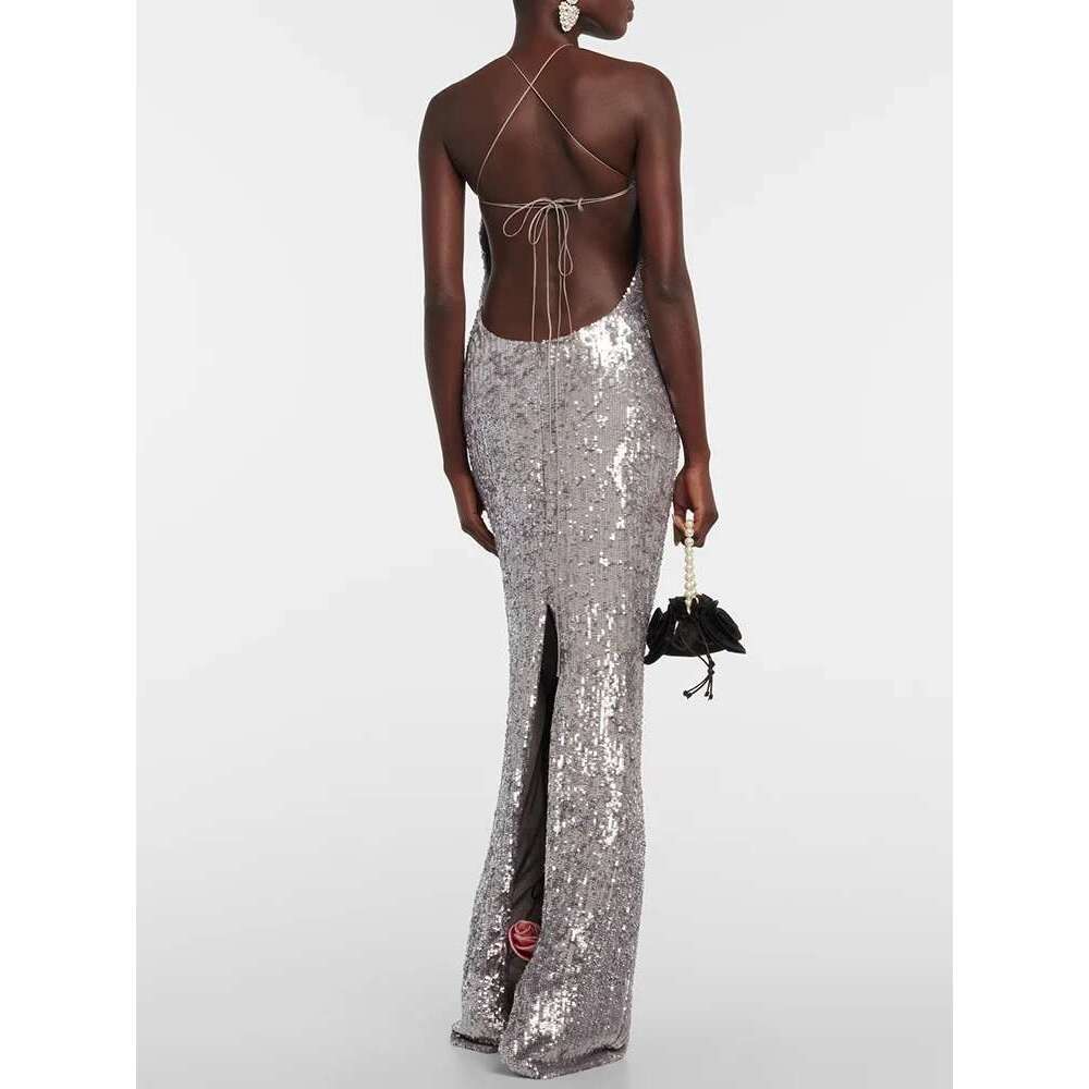 VC Floral Applique Sequined Sier Gown Halter Structured 3D Flower Backless Strings Tied Bodycon tail Party Evening Dress