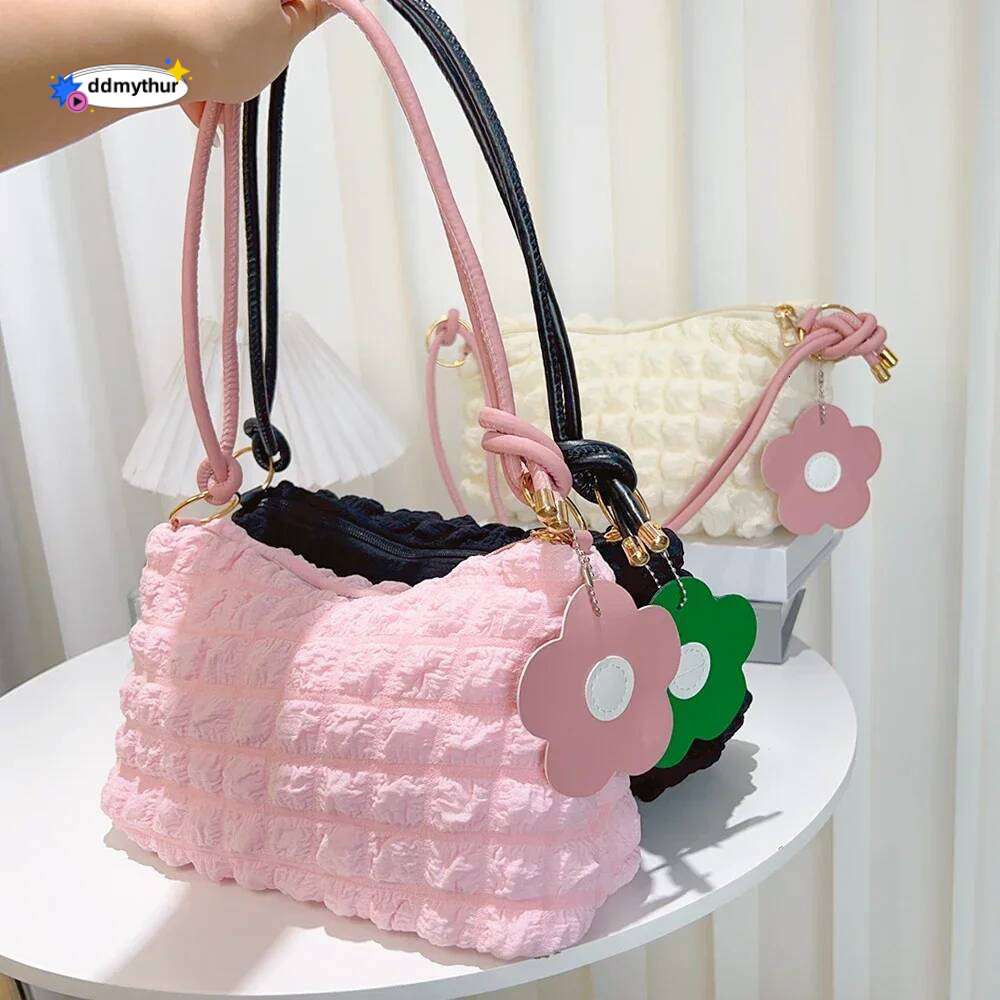 Korean Soft Bubbles Handbags for Woman Girls Flower Pleated Cloud Underarm Pouch Casual Shoulder Bag Cute Purse ddmythur