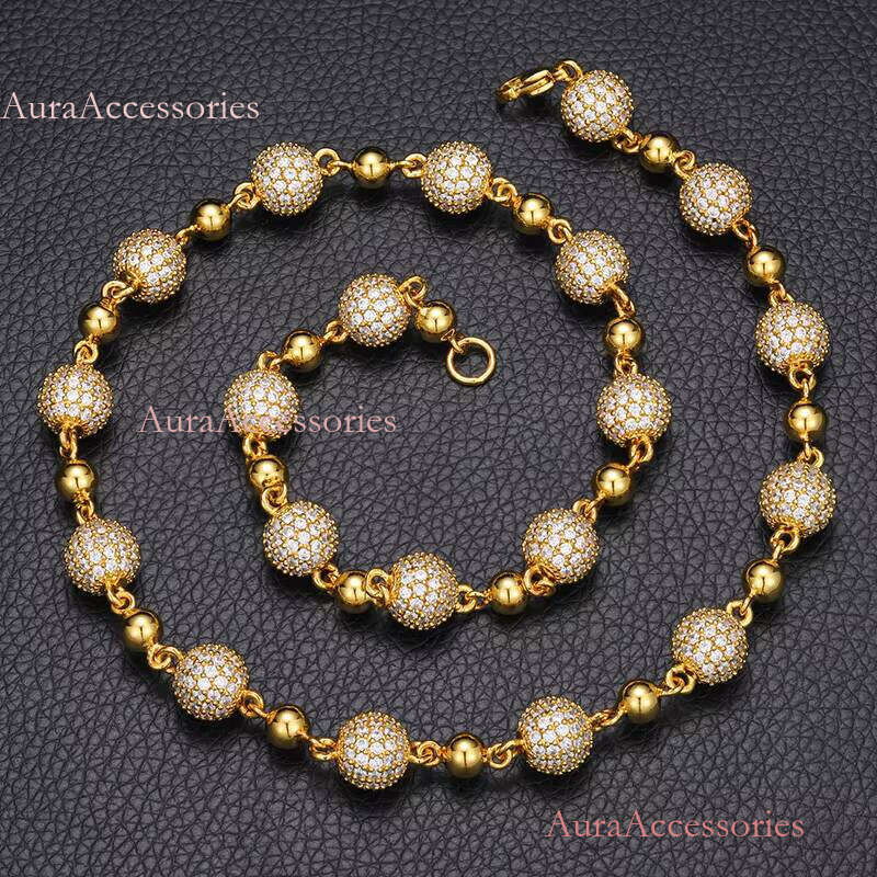 New Design Chaine Au Cou 10mm Iced Out Bead Chain Necklace Gold Plated Brass AAAAA CZ Dia Wholesale Fashion Jewelry