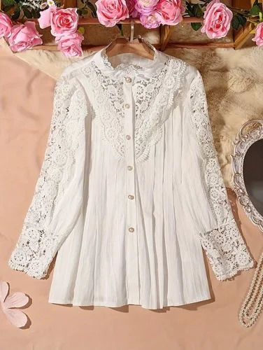 Plus size womens shirt with lace puff sleeves and lantern solid pleated 250515