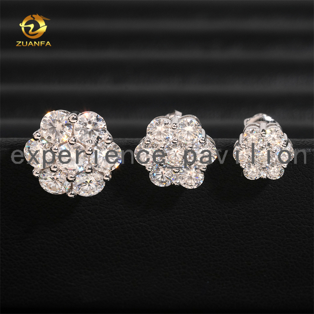8mm 12mm 15mm Fashion Flower Earring Cluster Moissanite Diamond 925 Sterling Silver Iced Out Moissanite Screw Back Earrings