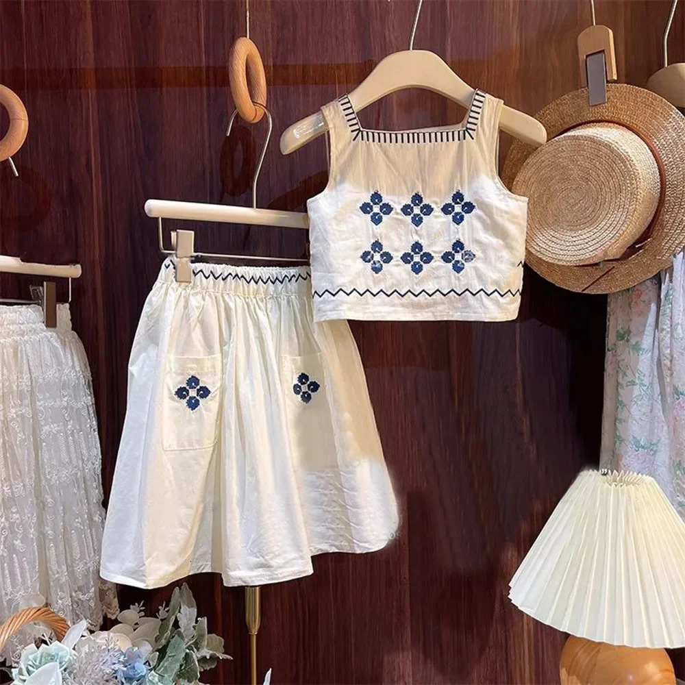Summer Sleeveless with Pockets Kids Outfits Embroidered Vest Top Skirt Two-piece Girls Sets 3-7Y 250515