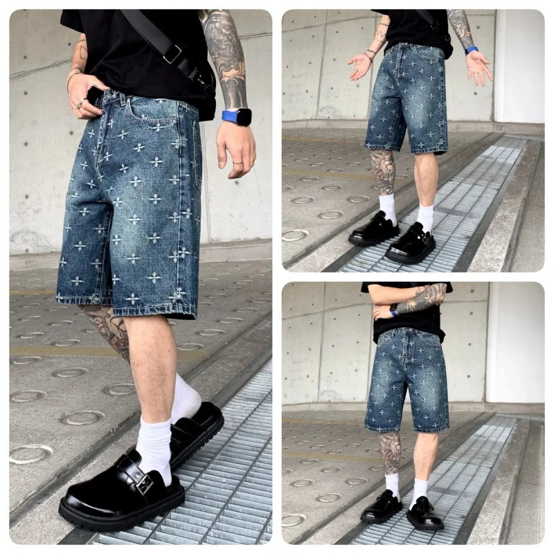 American Highquality Jacquard Denim Shorts Mens Summer High Street Loose Versatile Straightleg Casual Fivepoint Pants 250515