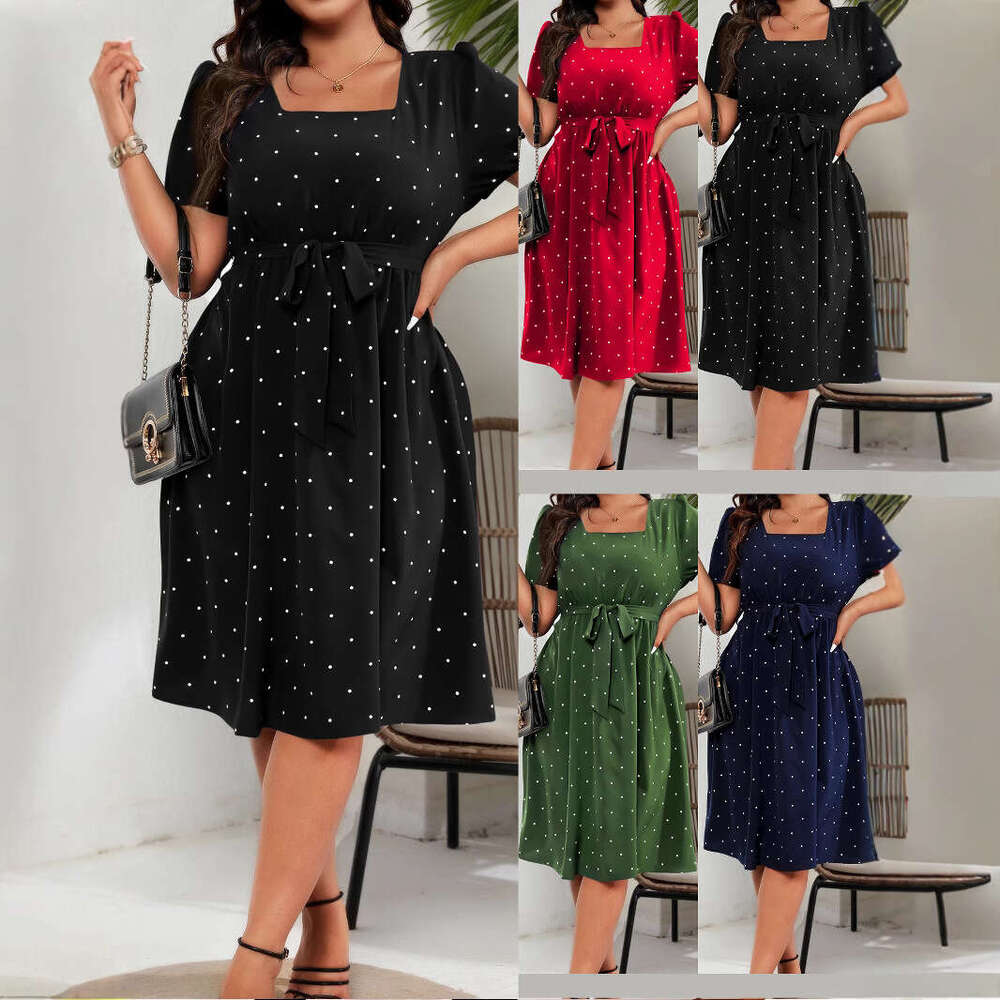 Plus Size Dresses for Woman Elegant June Dresses Party Womandress Vestido Large Size Womens Elegant Polka Dot Waist Cinched Lace Up Square Neck Big Sw