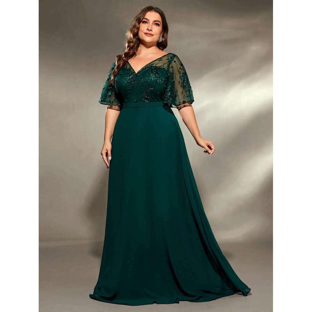 Mgiacy plus size V-neck See-through trumpet sleeve embroidered chiffon full skirt Evening gown Ball Party dress