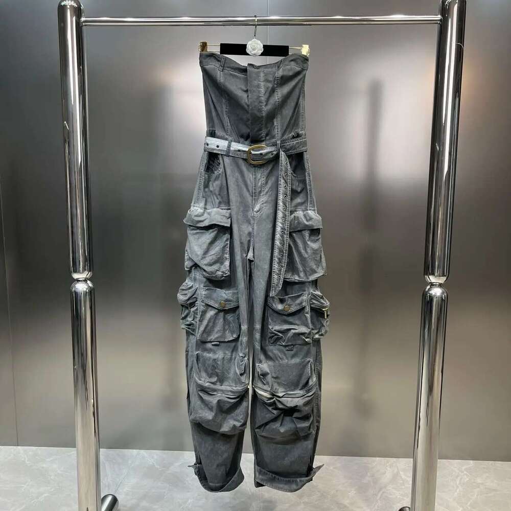Getspring Women Jumpsuit 2023 Autumn Sleeveless Strapless High Waist Belt Multi Pockets Design Loose Casual Long Cargo Pants New