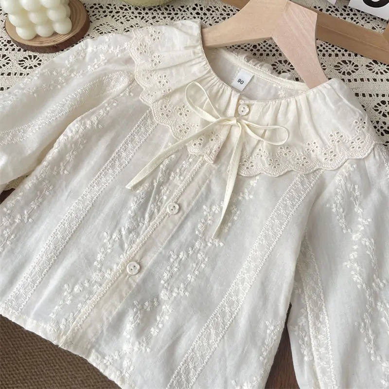 Spring Children Girls Blouses Cotton Floral Embroidery Infant Babys Girls Peter Pan Shirts Loose Round Collar Kids Girls Tops 250515