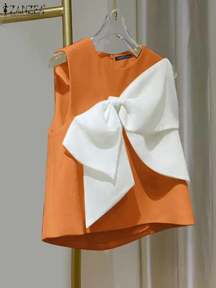 ZANZEA Summer Chic Sleeveless Oneck Tops Korean Sweety Bow Tie Tanks Beach Patchwork Tank Women Solid Blouse 250515