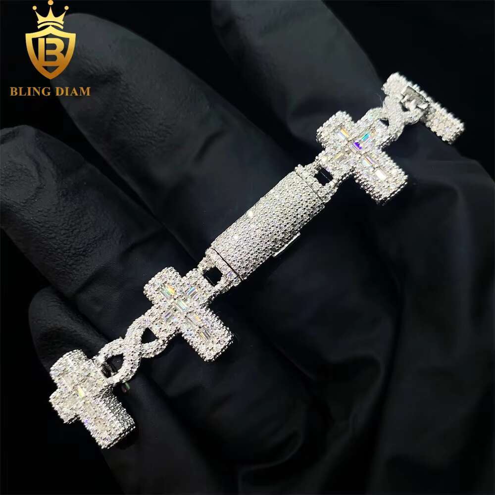 Fine Jewelry Gold Plated 925 Sterling Silver VVS Moissanite Baguette Cuban Link Chain Cross Bracelet for Men Women