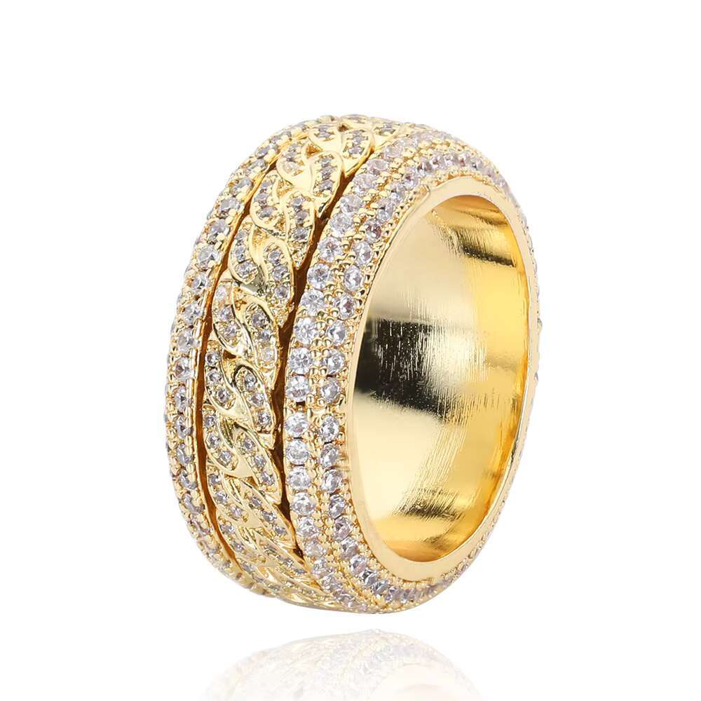 Personality Copper Gold Plated Hip Hop Full Dia Ring Rotatable Cuban Chunky Mens Rings