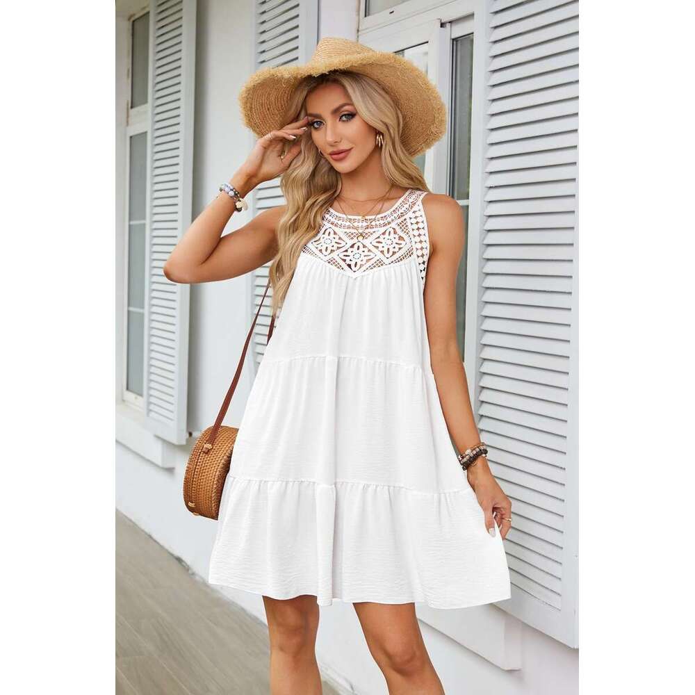 White Dress Maxi Dress 2025 Women's Spring And Summer Hollow Lace Splicing Hanging Neck A-Line Dress KQ