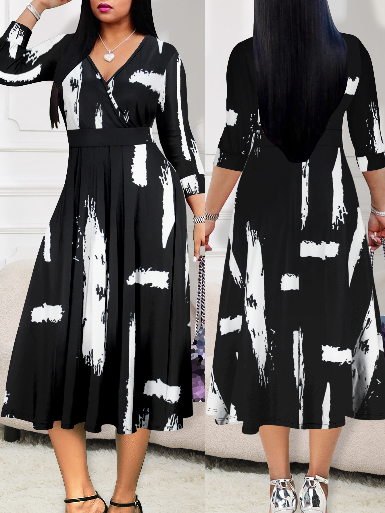 Plus Size Dresses Artistic Black White Print Maxi Dress Elegant Fashionable Women's Gown Sexy 2025 Style