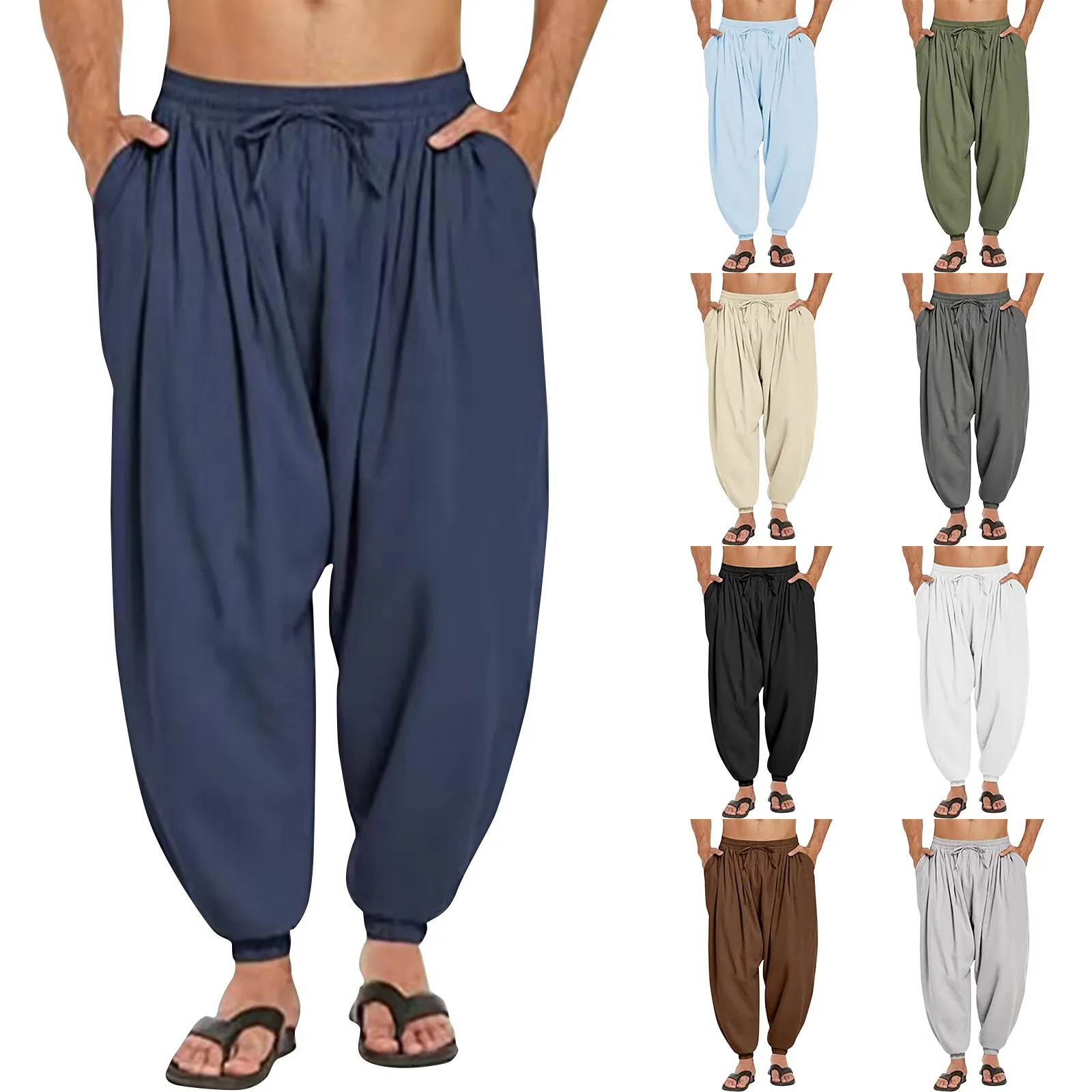 Mens Summer Casual Comfort Loose Drawstring Elastic Waist Front Pocket Cropped Pants Cotton Linen Pleated Thin Pencile Trousers 250515