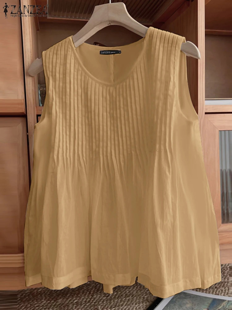 ZANZEA Summer Camis Women Solid Tanks Tops Fashion Pleated Blouse Casual Sleeveless Holiday Shirt Loose Beach Tees Oversize 250515