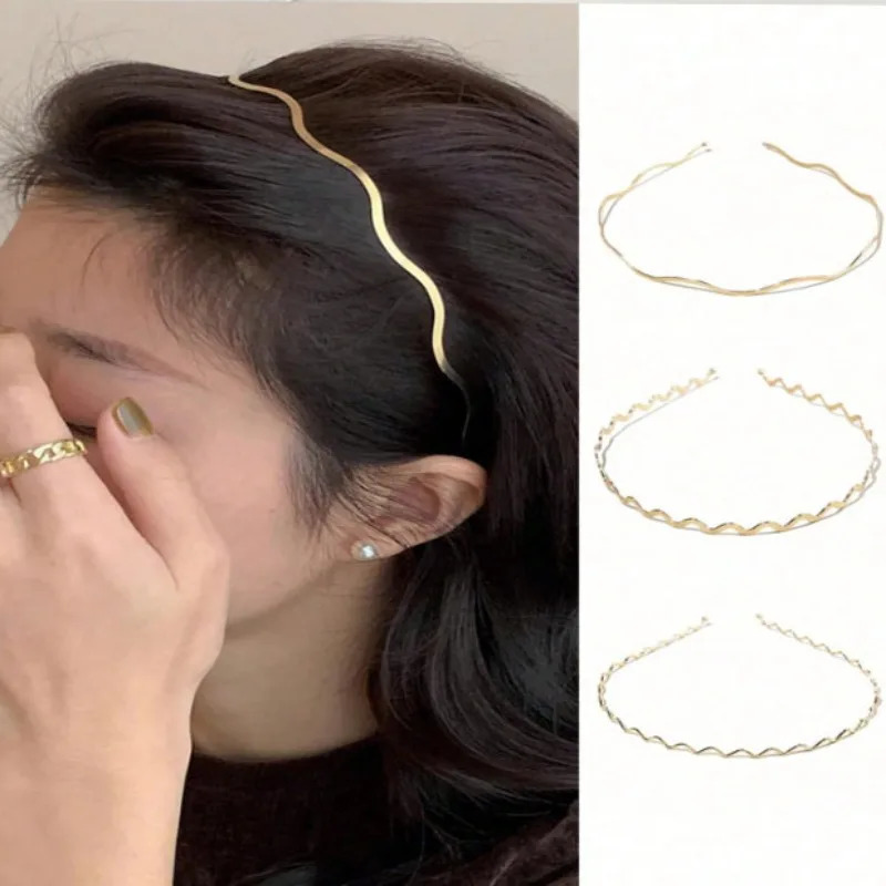 3pcs Simple Gold Ripple Metal Hairbands Elegant Wave Headbands Fashion Women Crown Head Hoop Hair Styling Headwear Accessories 250509