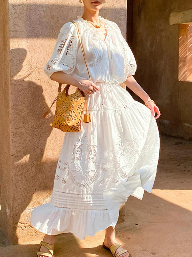 French Vacation Style ed White Blouse Lace Floral Midi Skirt Women Summer 100% Cotton HollowOut TwoPiece Dress Set 250515