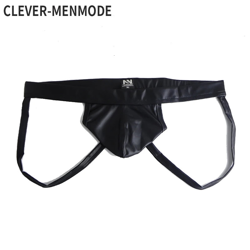 CLEVER-MENMODE Sexy Men Thong Lingerie Jockstrap Underwear Pu Faux Leather G String Panties Tangas Open Butt Underpants 250515