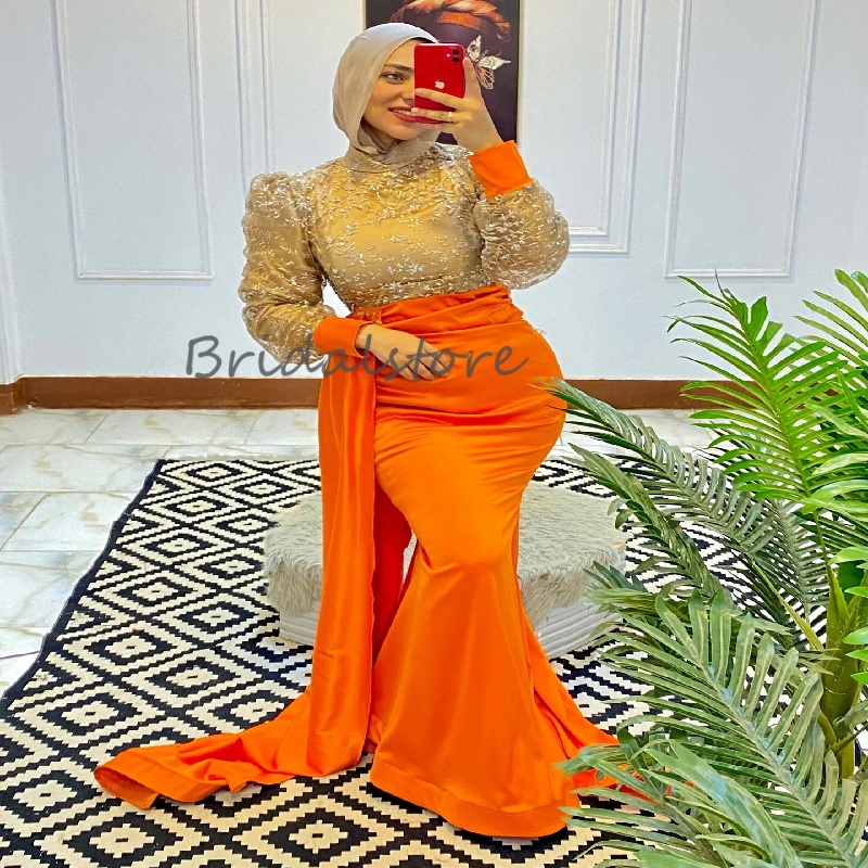 Modest Muslim Arabic Prom Dress With Train Contrast Colored Orange Gold Evening Dress Mermaid Long Sleeve Formal Gown 2025 Vestios De Novias Abaya