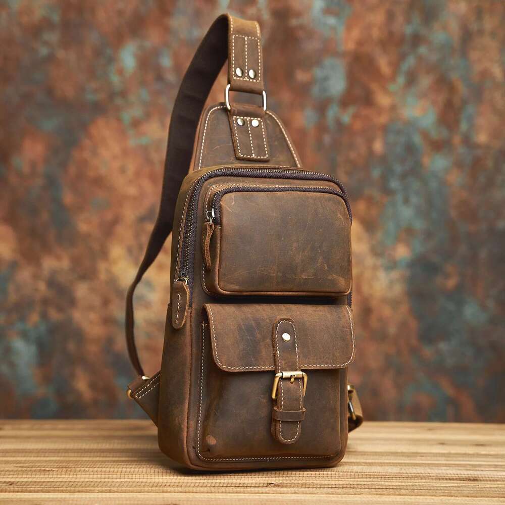 NASVA Genuine Men's Leather Chest Vintage Sling For Men,Crossbody Shoulder Bag Casual Small Backpack