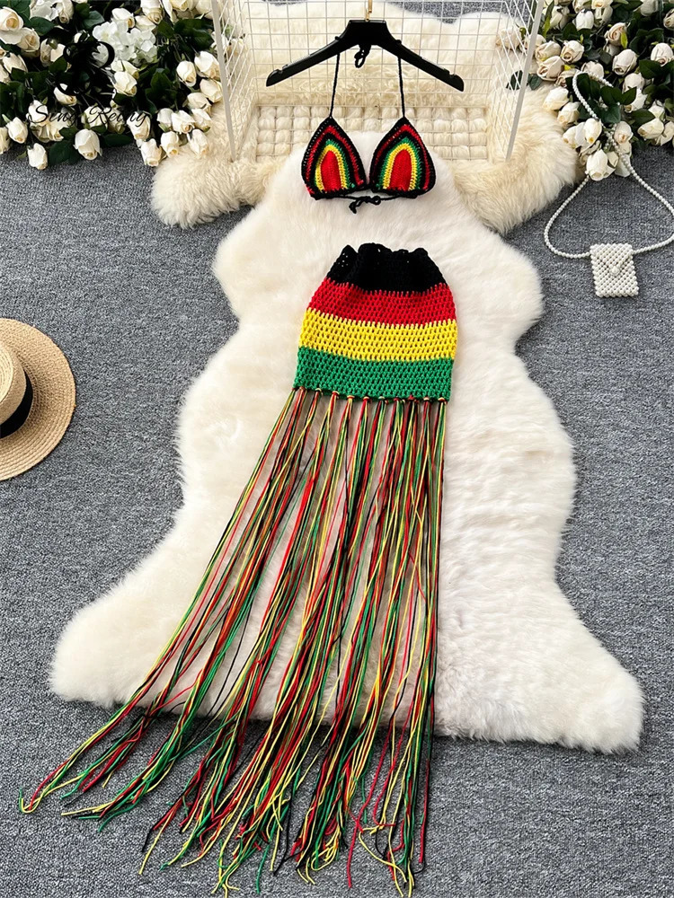 SINGREINY Tassel Knitted Beach Sets Women Mini CamisLong Sheath Skirt Set Fashion Ladies Hollow Out Vacation Styles Sexy Suits 250515