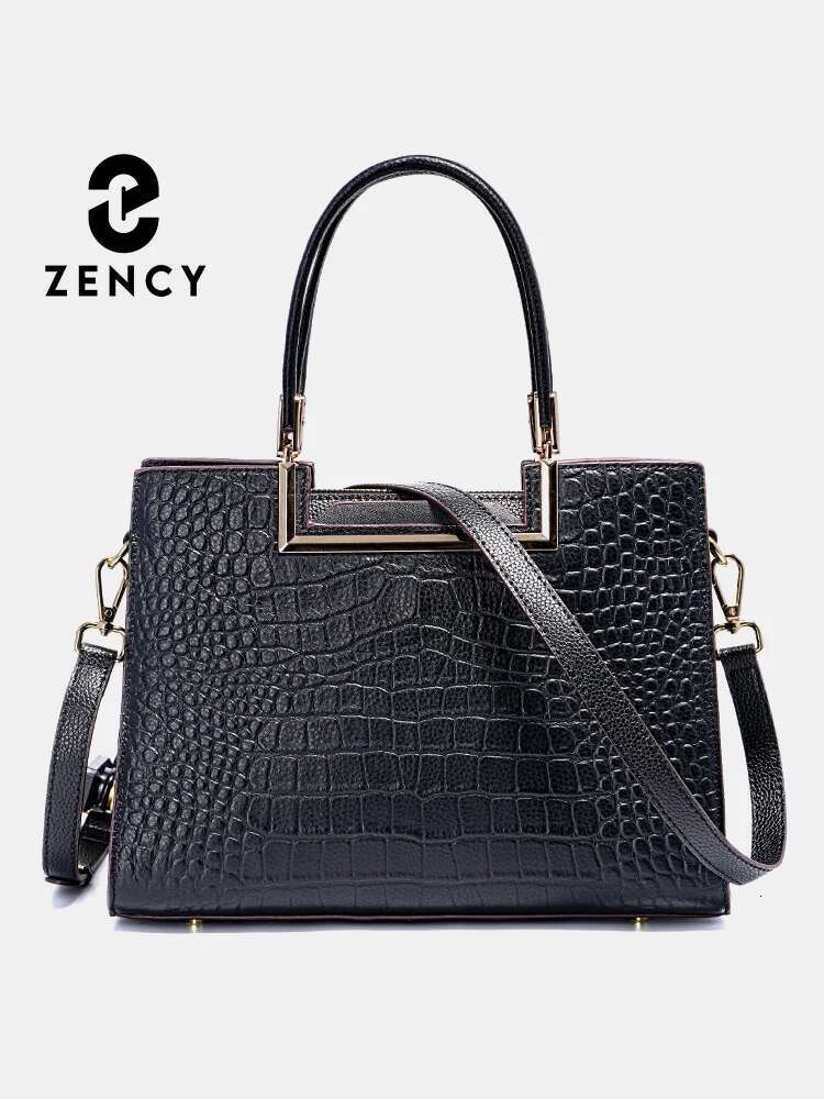 Zency Women Genuine Leather Handbag Black Crocodile Pattern Designer Top Handle Large Capacity Shoulder Crossbody Satchel Purse