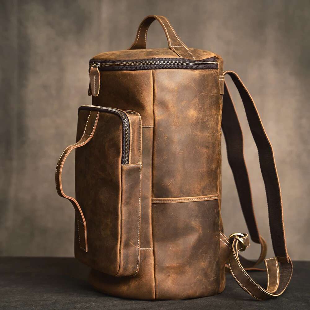 Genuine Leather Men's Backpack Retro Outdoor Gym bag Cylinder Handbag Camping Commuter Laptop Bag