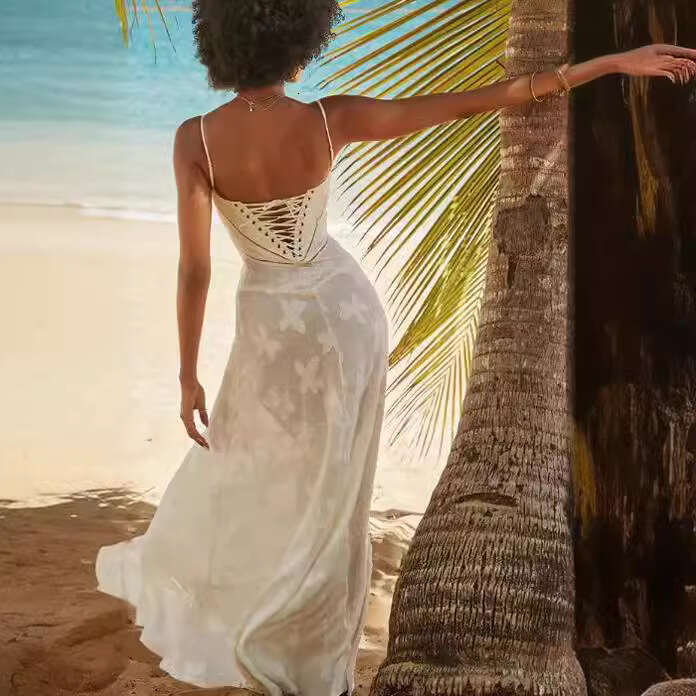 White Dress Maxi Dress Feng 2024 Summer New Women's Fashion Bra One Line Neck Elegant Evening Dress KQ