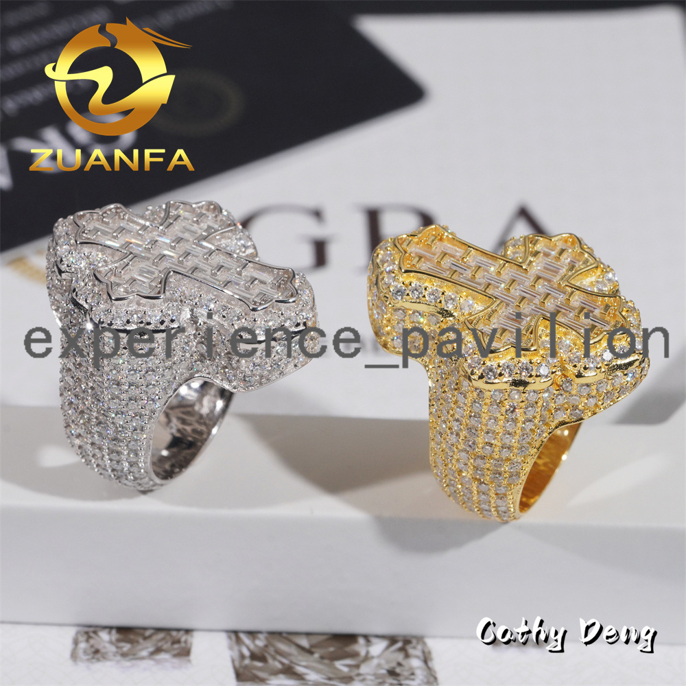 Hot Sale Instock Iced Out Cross Moissanite Diamond Rings 925 Sterling Silver Hip Hop Ring Pass Diamond Tester Men Cuban Ring