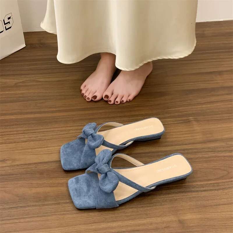 High-Heeled Shoes Lady Womens Slippers Outdoor Slides Pantofle Low Square Heel Fashion Butterfly-Knot Summer 2025 Block