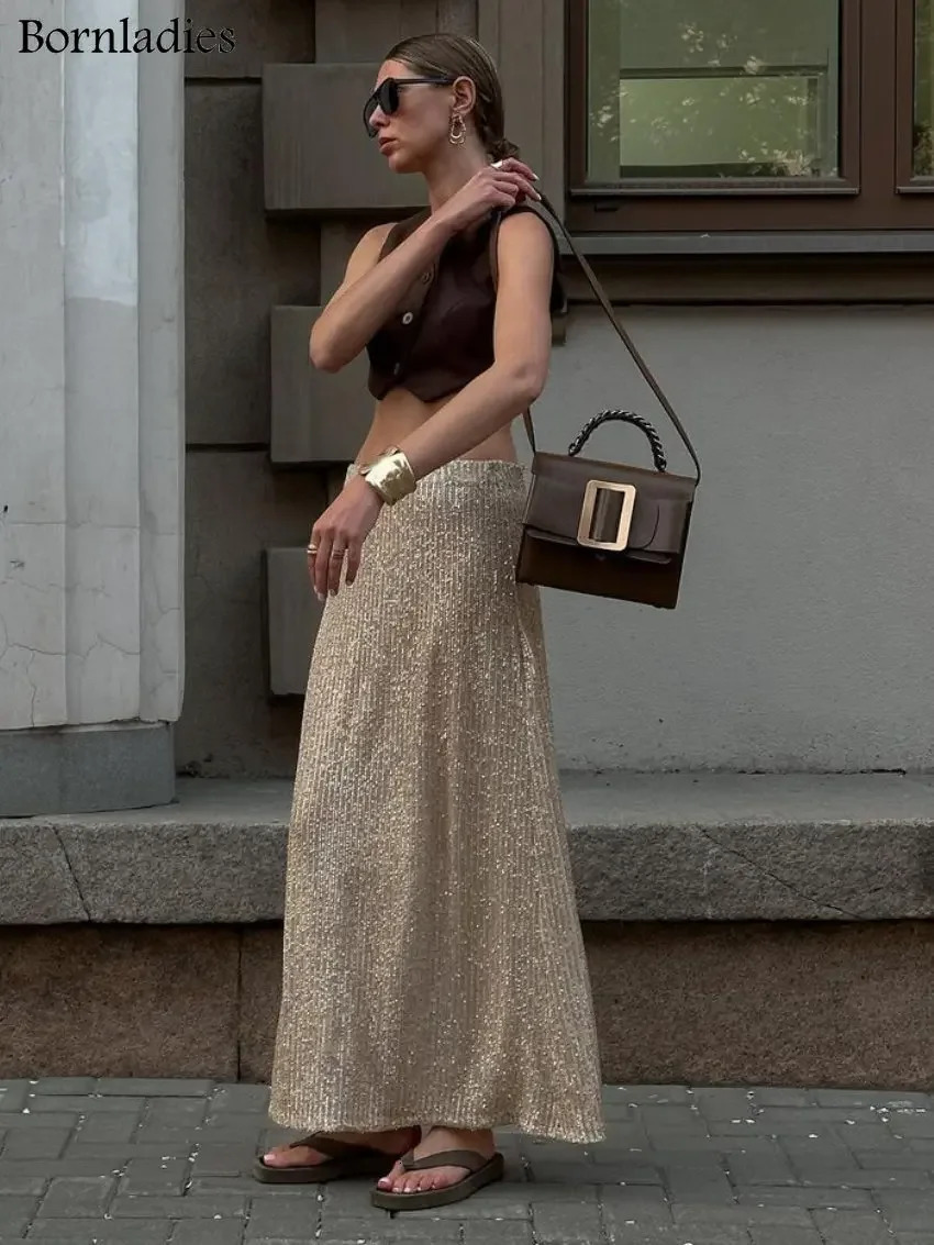 Bornladies Elegant Silk Sequins Women Skirt Dropped Waist Long Skirts Streetwear Classic Fashion Female Clothing 250515