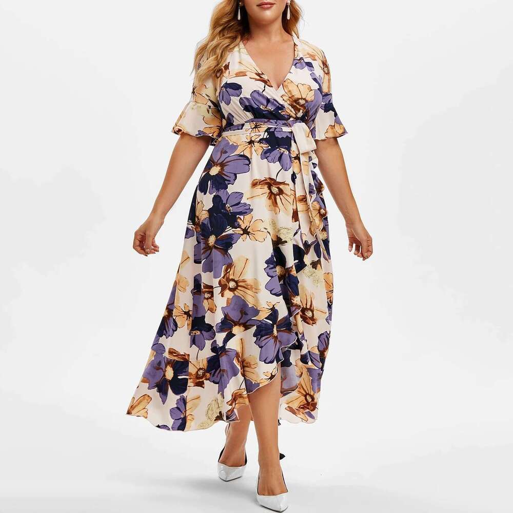 Plus Size Summer Dress Partydress Summer Dresses for Women Luxury Dress Womens Casual Bohemian Printed Irregular Dress Fish Tail Large Skirt Short Sle