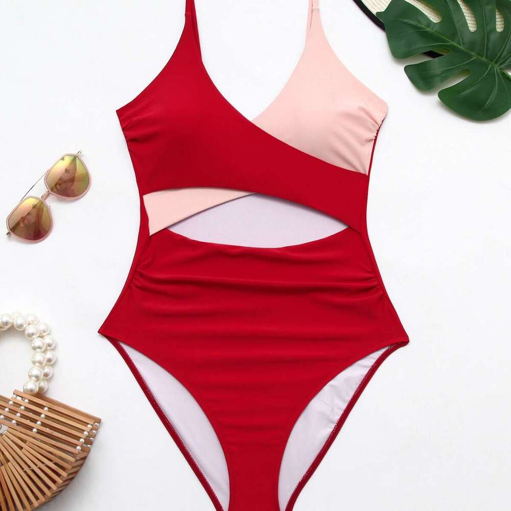 New one-piece European and American swimsuit sexy hollow high waist color blocked cross suspender bikini manufacturer 2025 temperament versatile new t