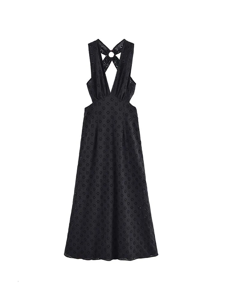 Womens Summer MIDI Tank Dress Vintage Solid VNeck y Hollow Out Female Elegant Street Dresses Clothing 250515