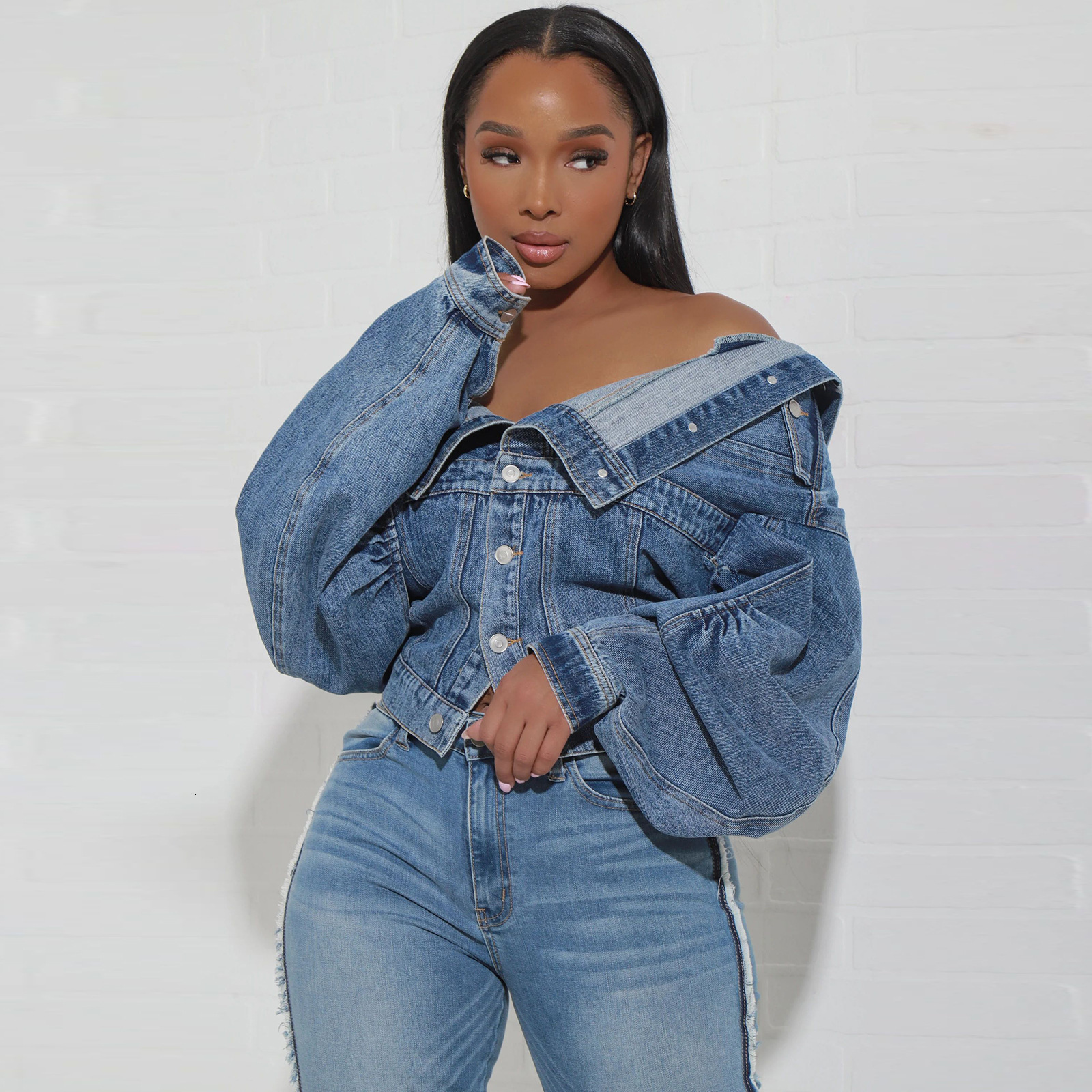 HR23091 Fashion Womens Y2K Style Irregular Two Wear Denim Coat