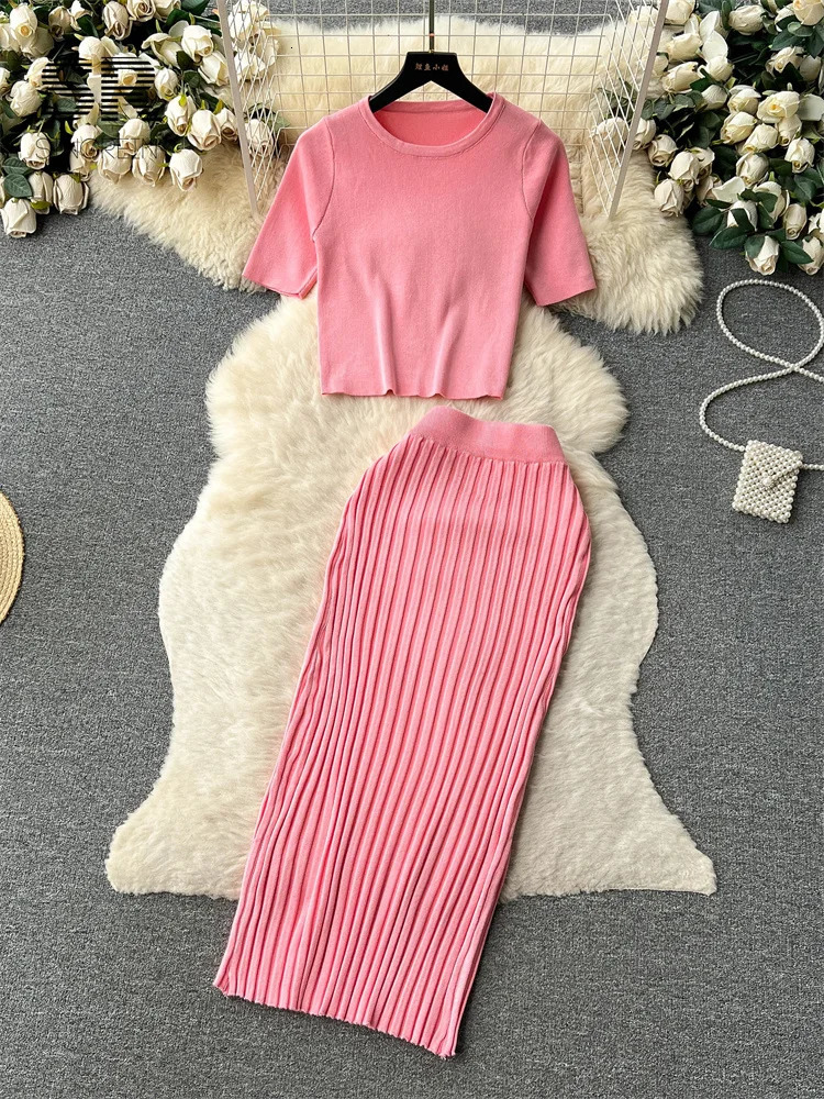 SINGREINY Casual Two Piece Sets Women Summer O Neck Top Elastic Waist Long Skirt Fashion Office Lady Korean Knit Suit 250515