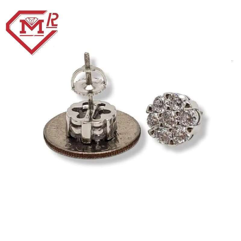 Flower cluster round Moissanite sterling sier screw back hip-hop earrings