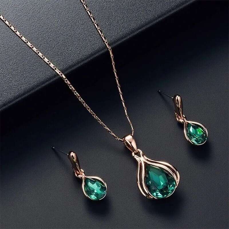 3Pcs Rose Gold-Color Necklace Earrings Green Crystal Glass Alloy Pendant Simple Fashion Style Jewelry Set