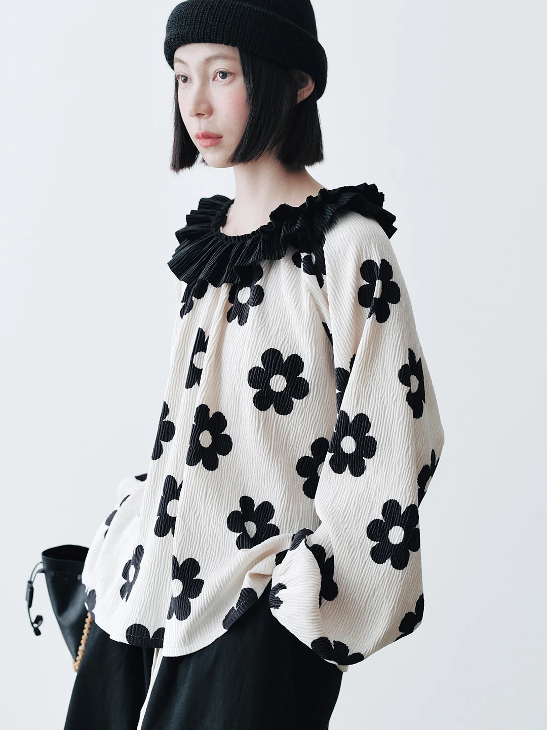 IMAKOKONI original n lapel lace patchwork pleated flower print shirt top for women 244804 250515