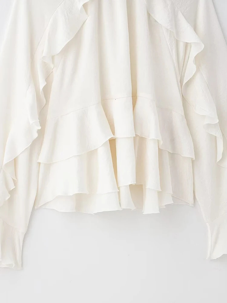 TRZA Womens Long Sleeve Ruffled Blouse Stand Collar Chic Fashion Top Elegant Female Shirt 250515