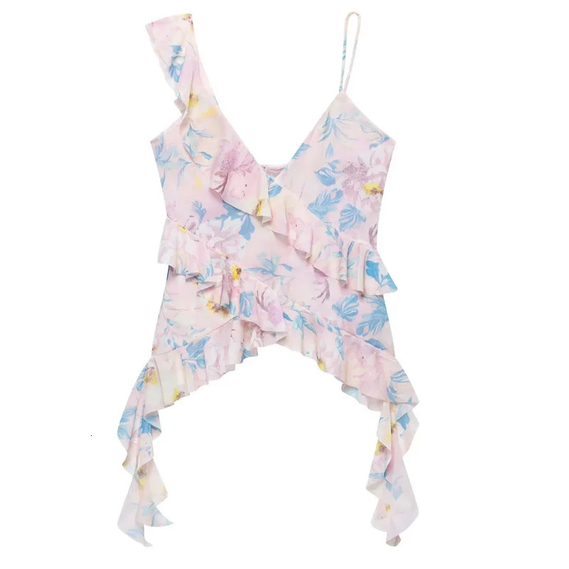 TRAF Leopard Crop Tops For Women Ruffle Sleeveless Printed Summer Backless Tulle Camisole Top Woman Sexy Asymmetrical 250515
