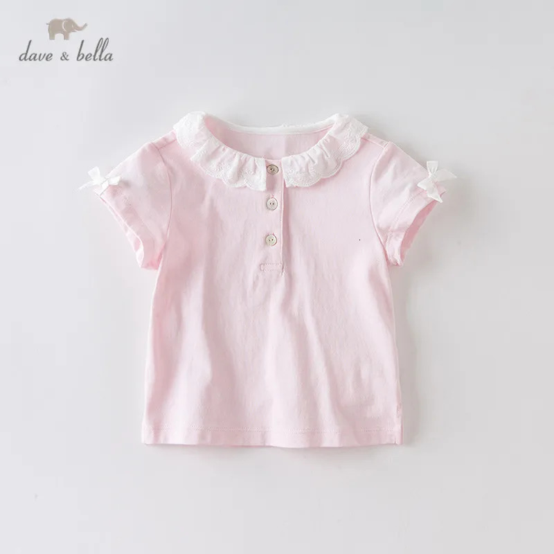 DB13962 dave bella summer baby girls cute bow solid T-shirt children short sleeve tops girls cute kids fashion tees 250515