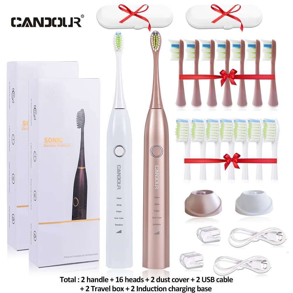 CANDOUR CD-5168 Sonic Electric Rechargeable Toothbrush IPX8 Waterproof 15 Mode USB Charger Replacement Heads Set